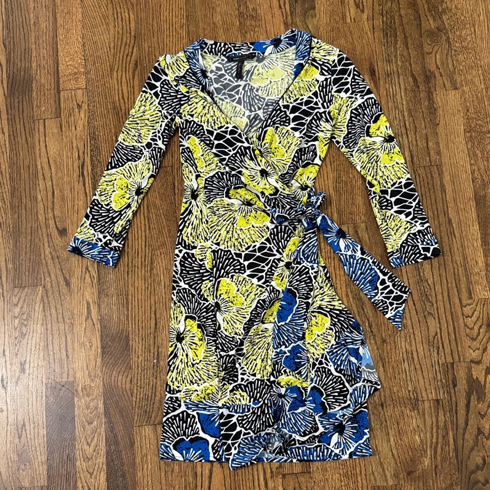 BCBGMaxAzria Long Sleeve Floral Dress in Blue and Yellow